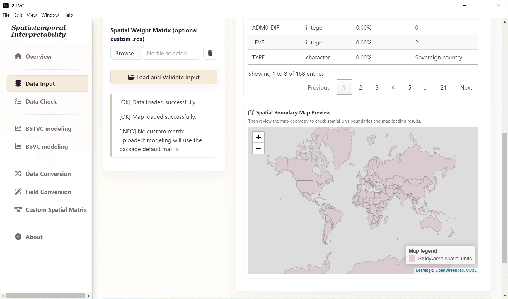Continuous case: map attributes and geographic preview.