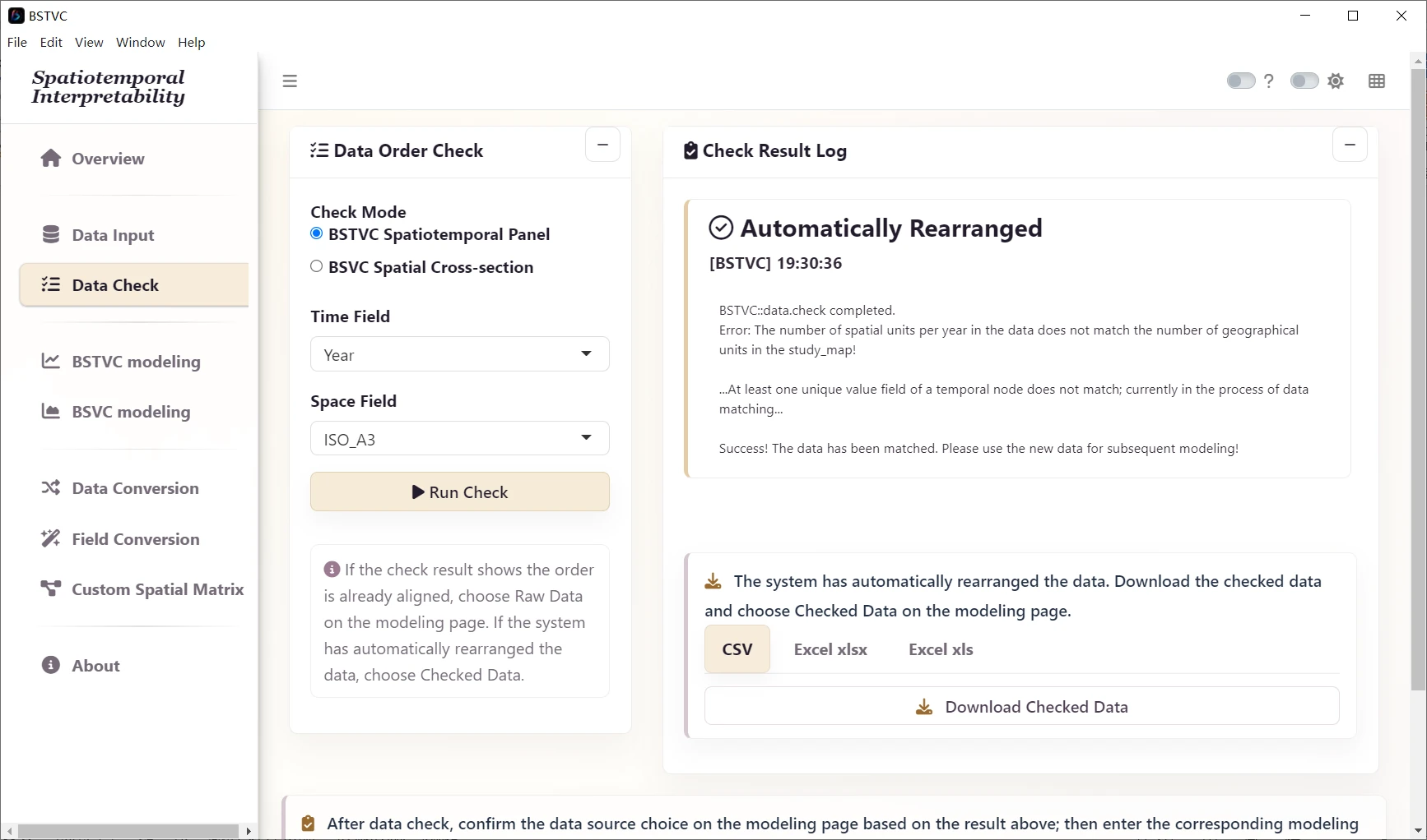 Continuous case: the Data Check log reports automatic rearrangement.