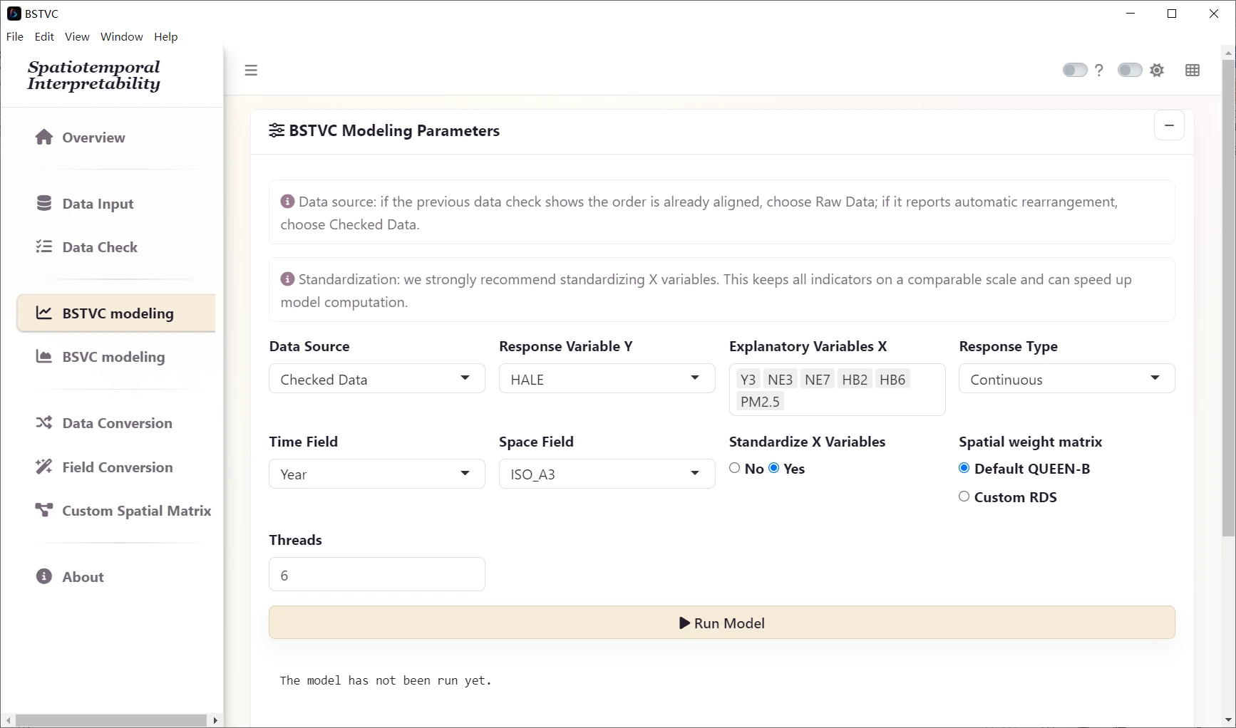 Continuous case: the six-predictor model settings in the English interface.