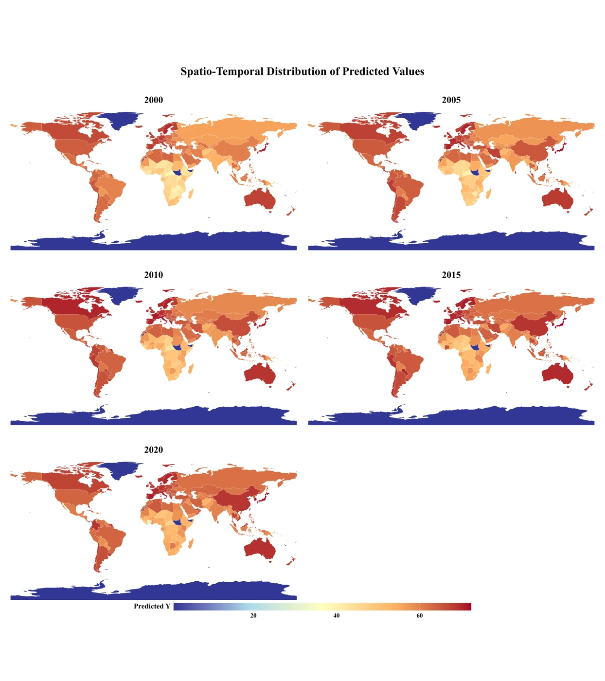 Historical 12-predictor HALE example: spatial predictions at selected years.