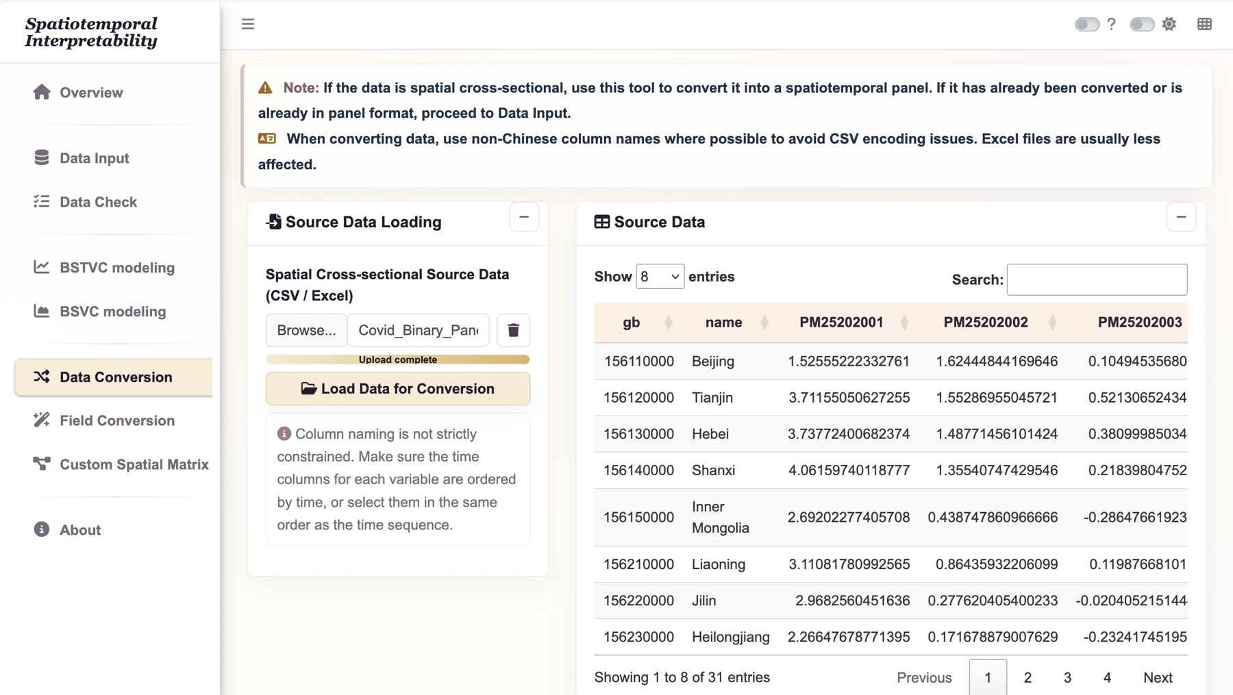 Binary case: the original wide source table loaded for conversion.