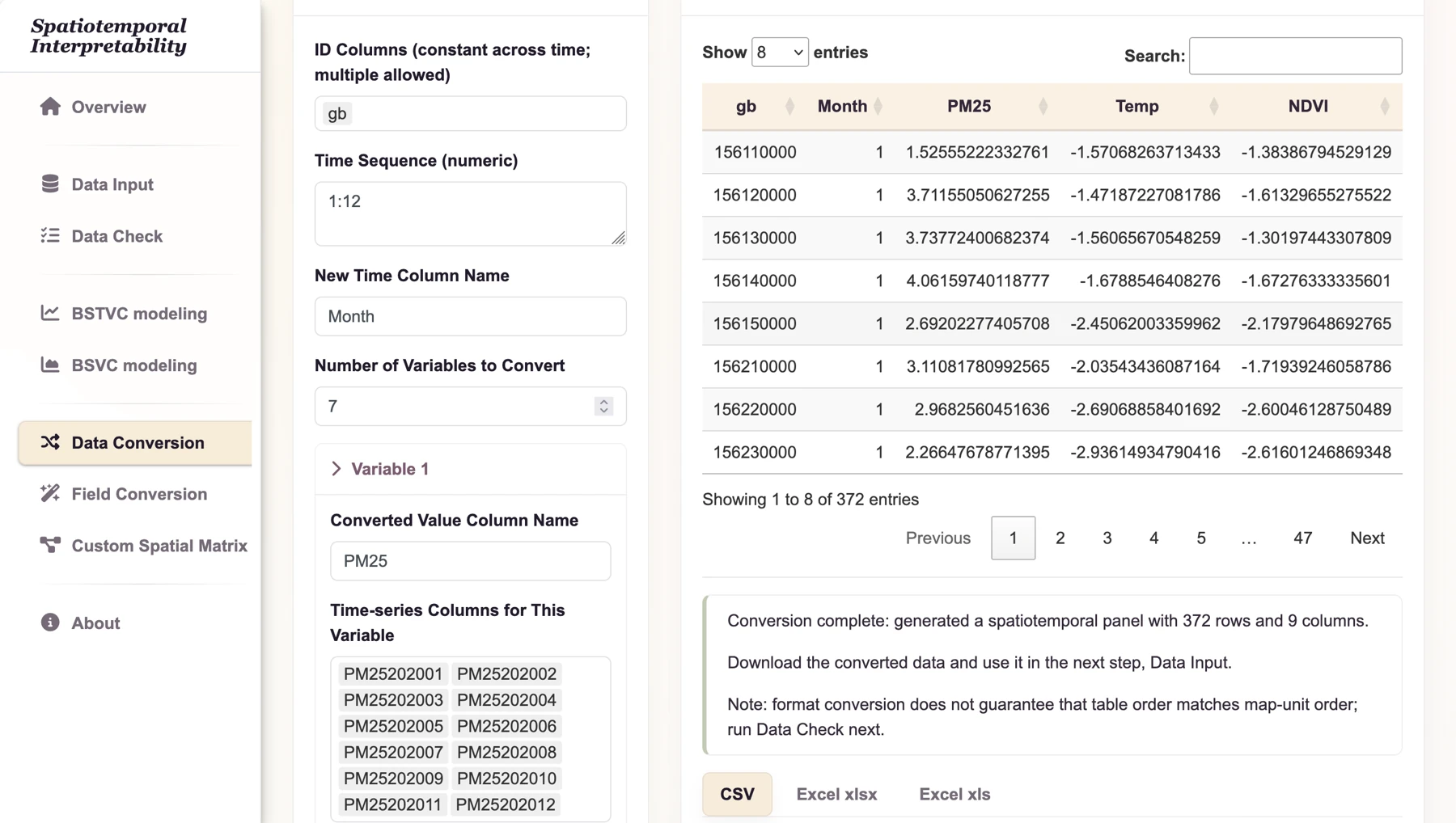 Binary case: conversion result and panel download controls.