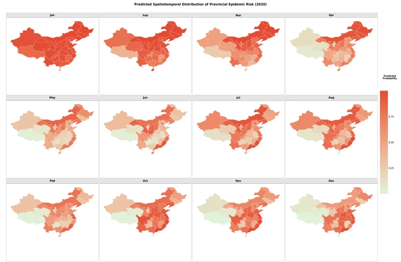 Historical binary example: monthly predicted probability maps.