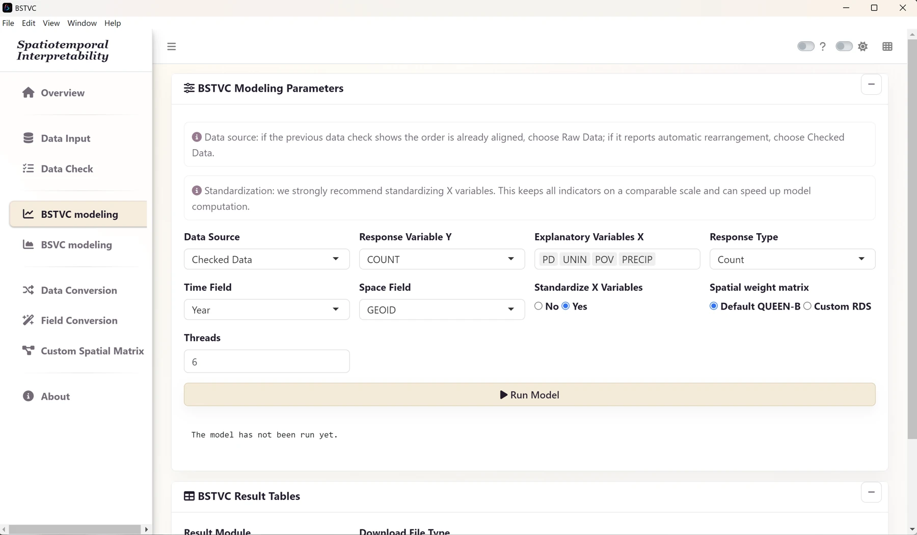 Count case: source model settings. The historical screenshot uses Year and a shortened UNIN label; select the actual YEAR and UNINS fields in the supplied ready panel.