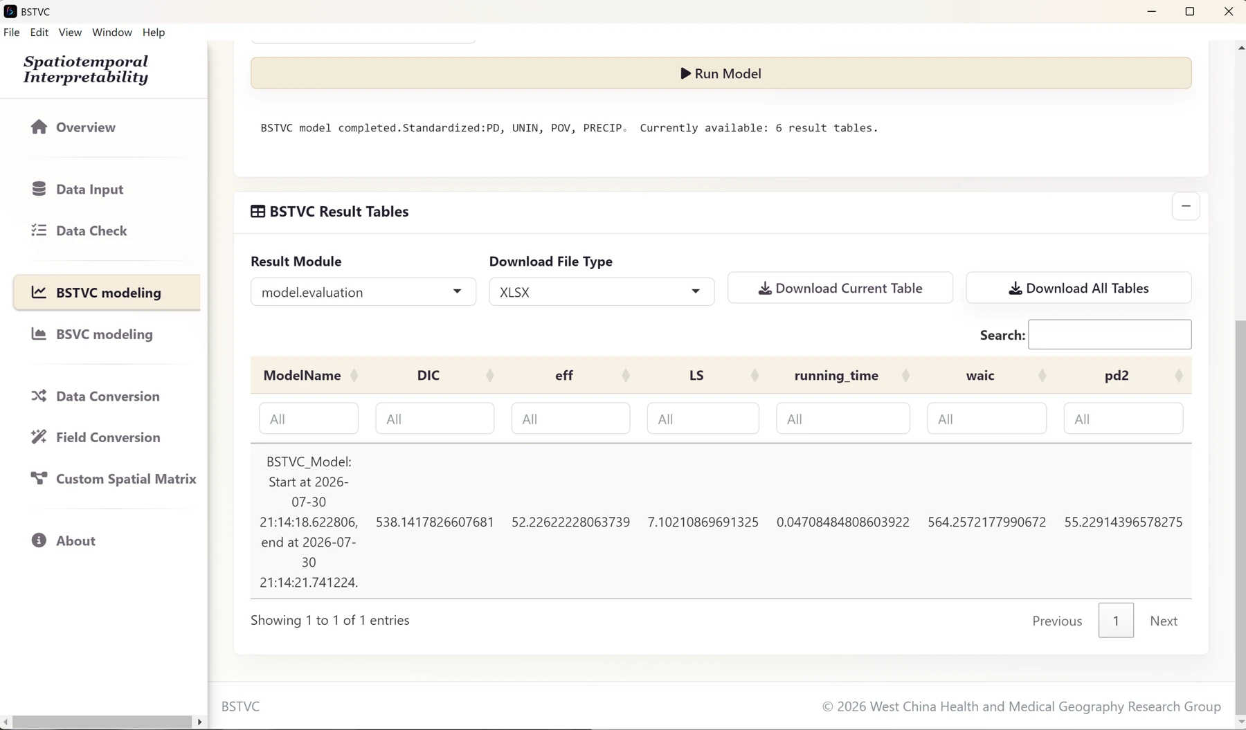 Count case: completed model results and export controls.