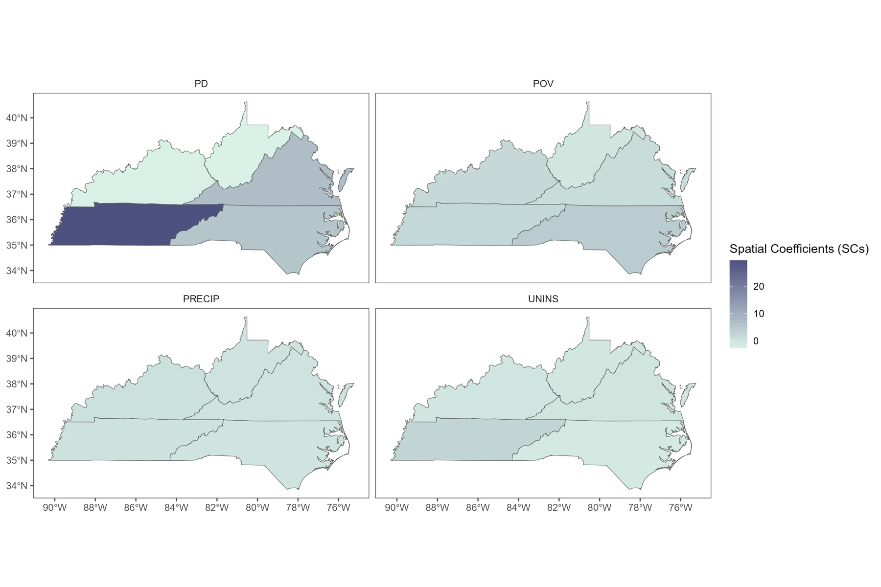 Source example: spatial coefficient maps for PD, POV, PRECIP, and UNINS.