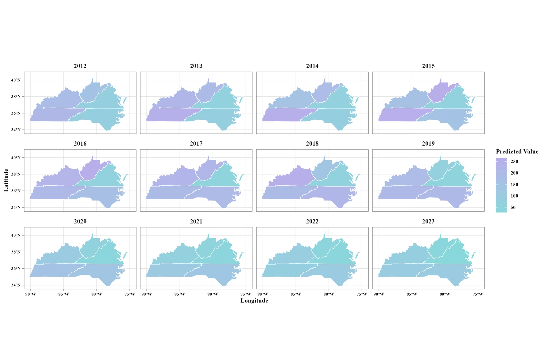 Historical count example: annual maps of predicted mean counts.